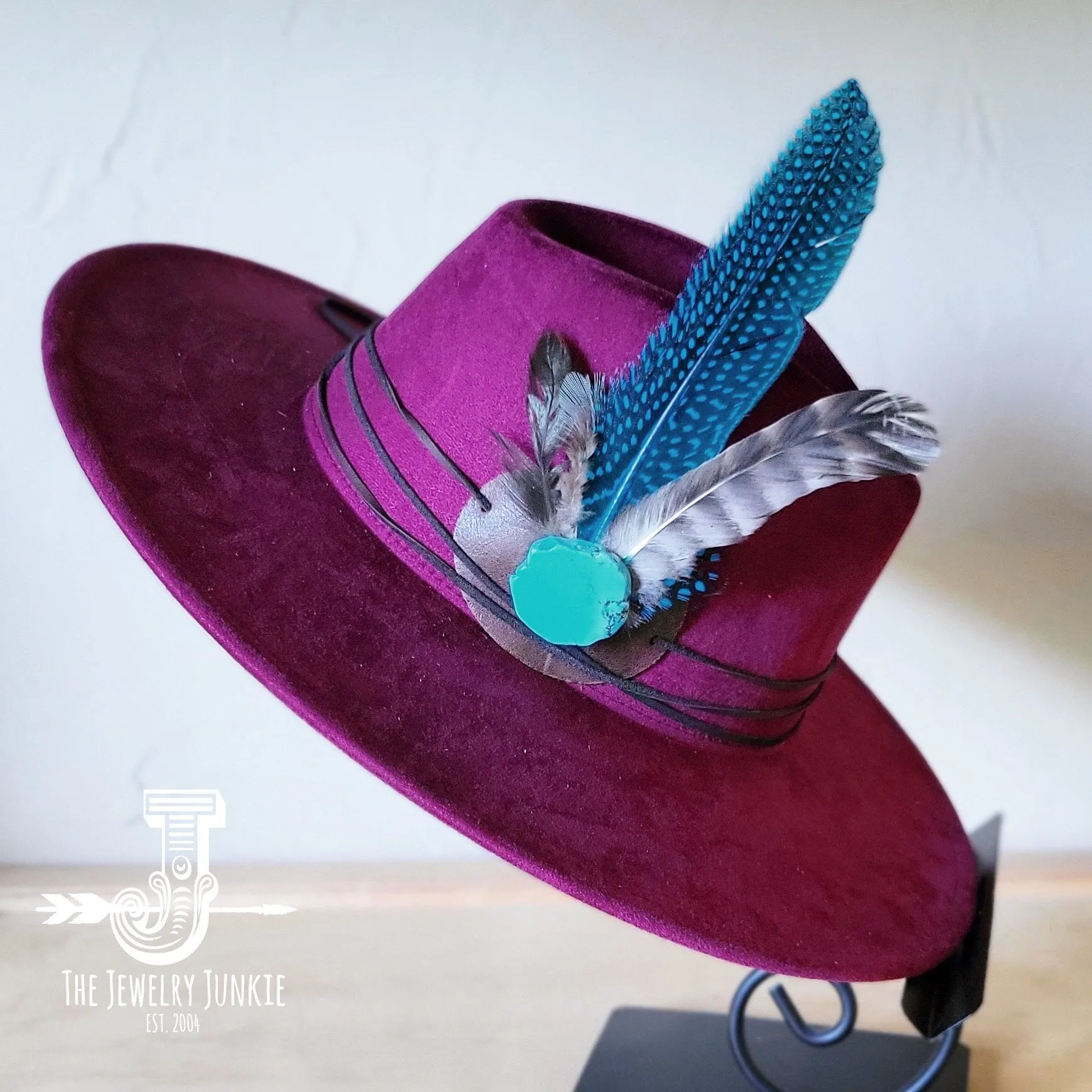 Blue Guinea Feather & Turquoise Slab Hat Band   Choice of Hat 985x