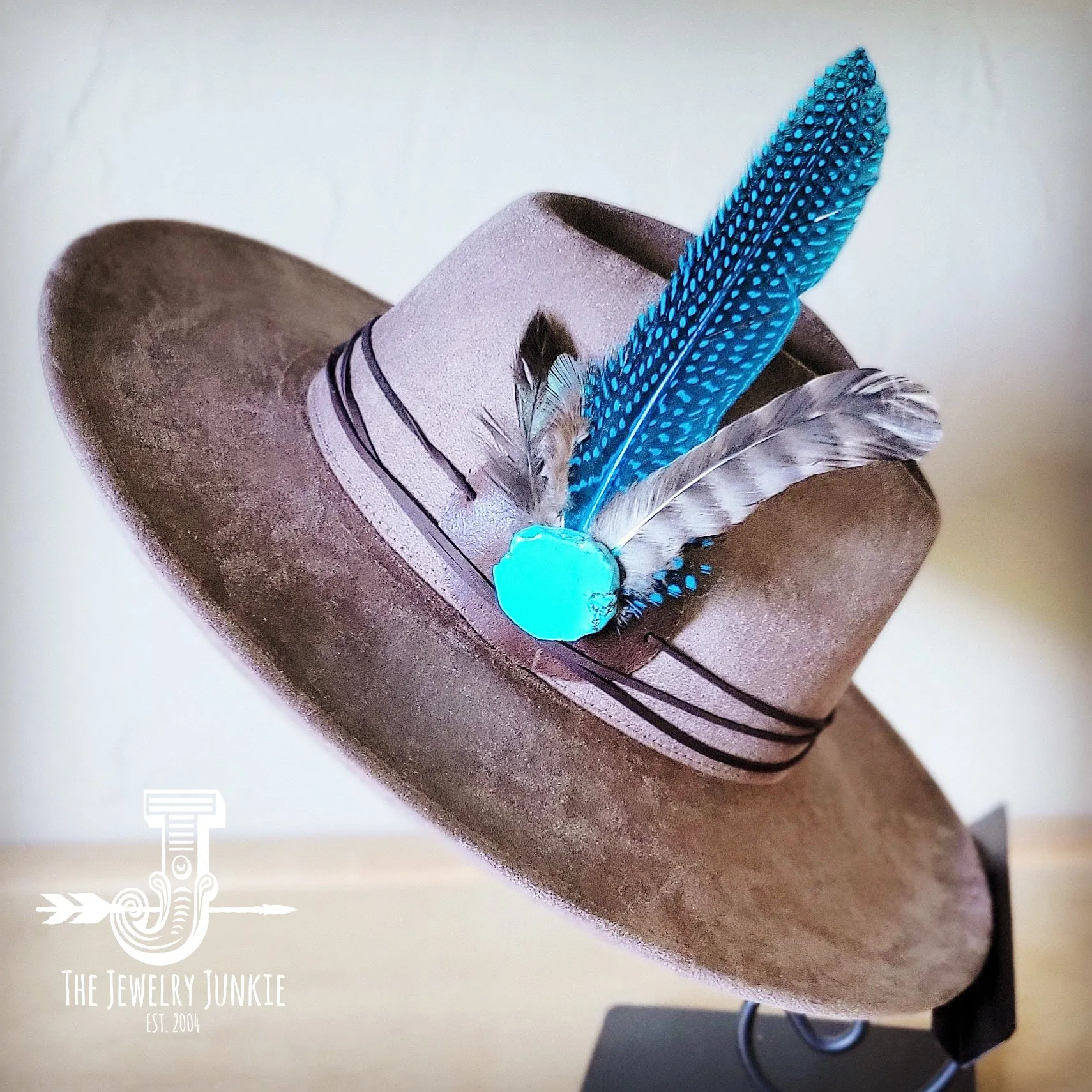 Blue Guinea Feather & Turquoise Slab Hat Band   Choice of Hat 985x