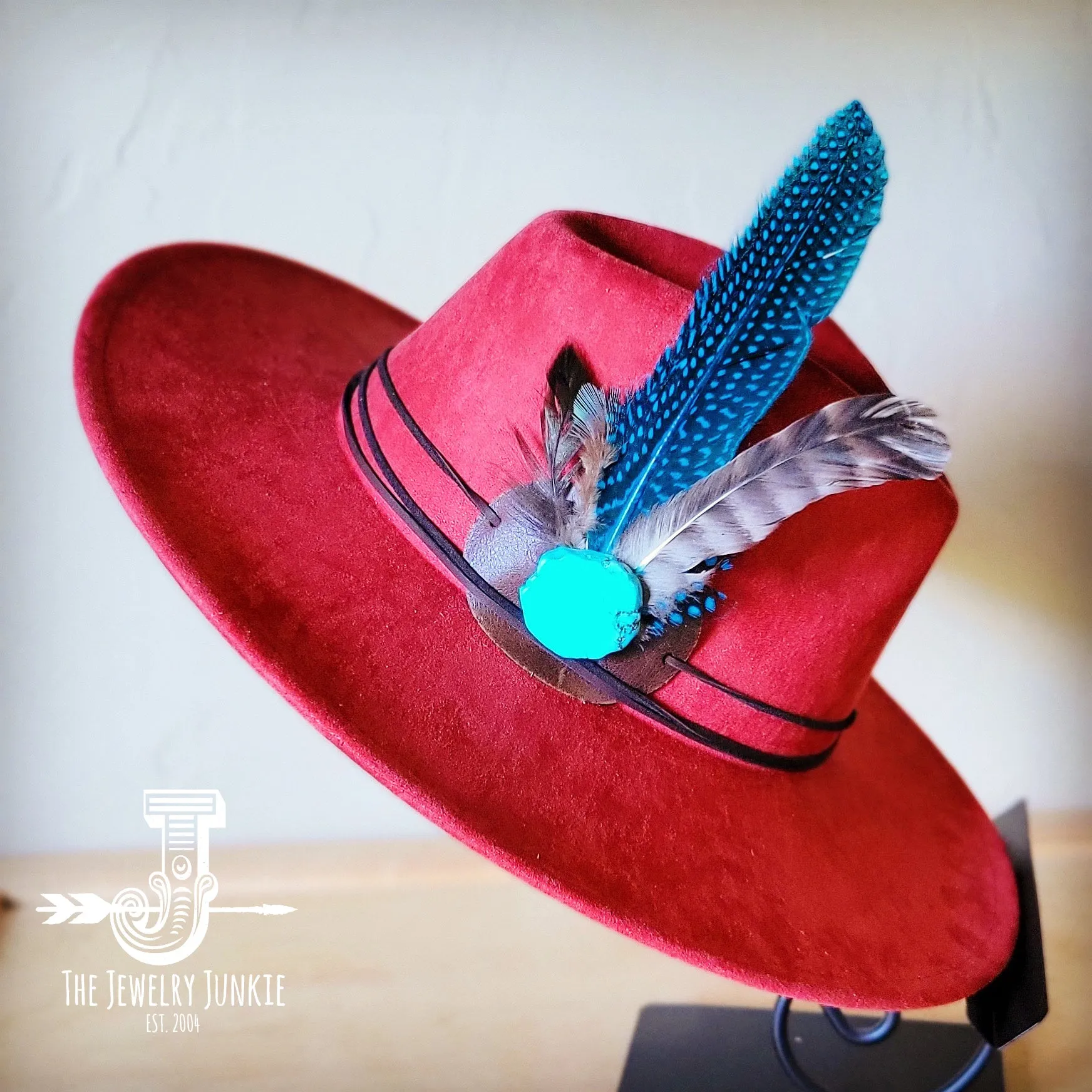 Blue Guinea Feather & Turquoise Slab Hat Band   Choice of Hat 985x