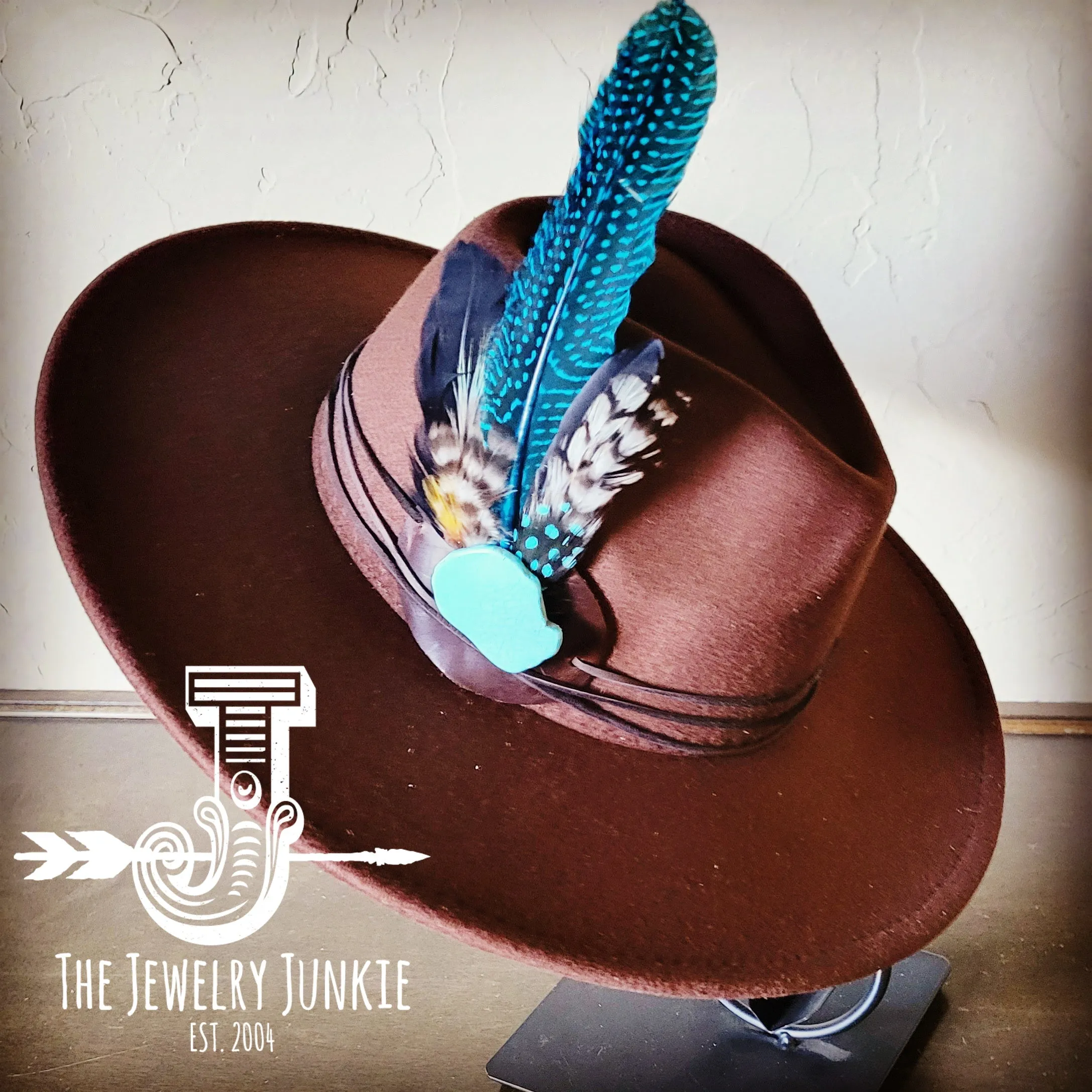 Blue Guinea Feather & Turquoise Slab Hat Band   Choice of Hat 985x