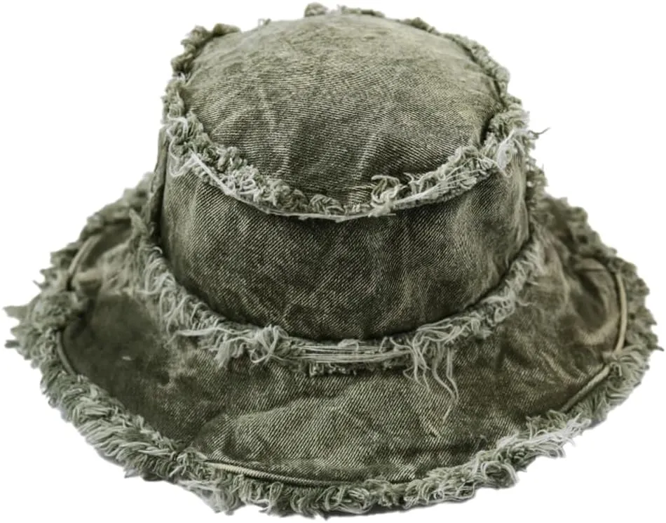 Bucket Hat Denim Fisherman Hat for Women Fringe Wide Brim Summer UV Protection Sun Hat Distressed Beach Hat