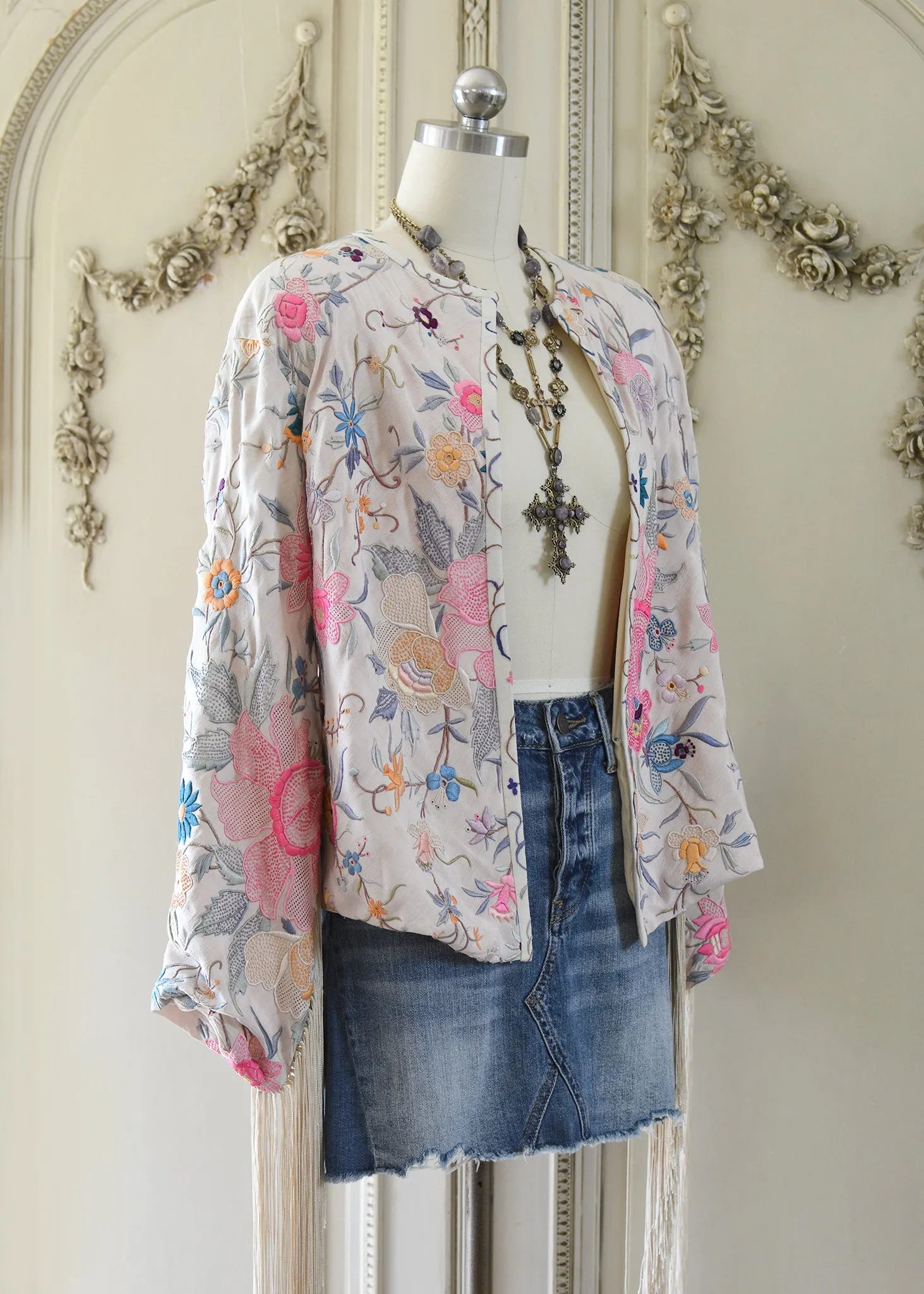 Callie Opulent Hand Embroidered Antique Silk Crepe Fringe Jacket