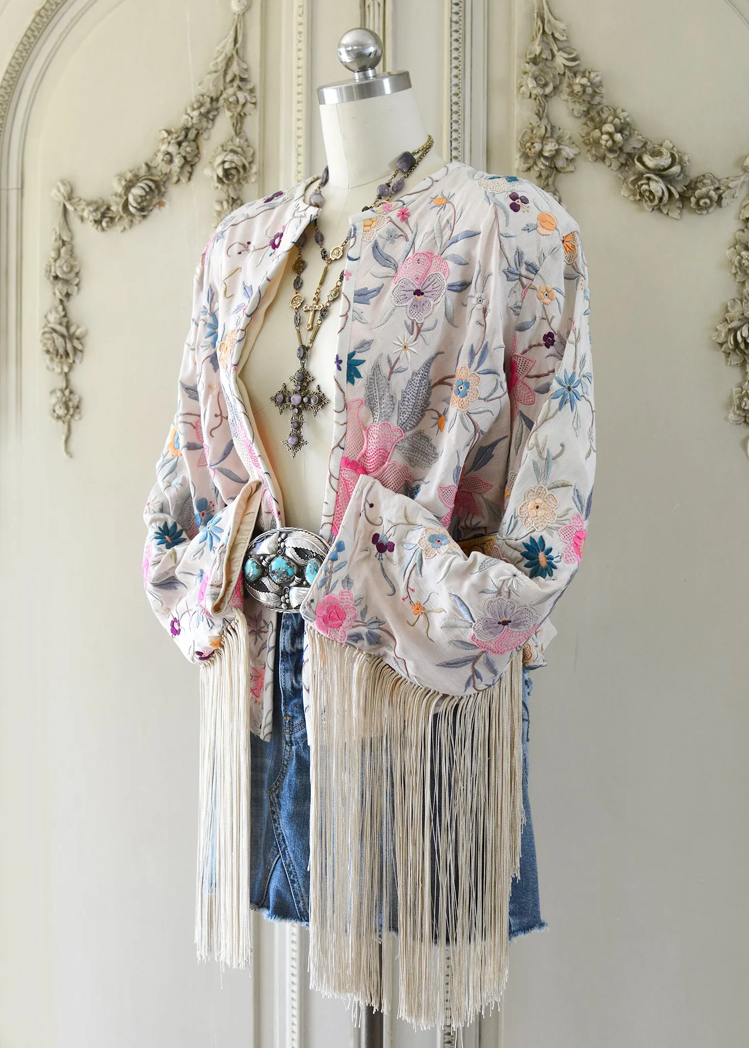 Callie Opulent Hand Embroidered Antique Silk Crepe Fringe Jacket