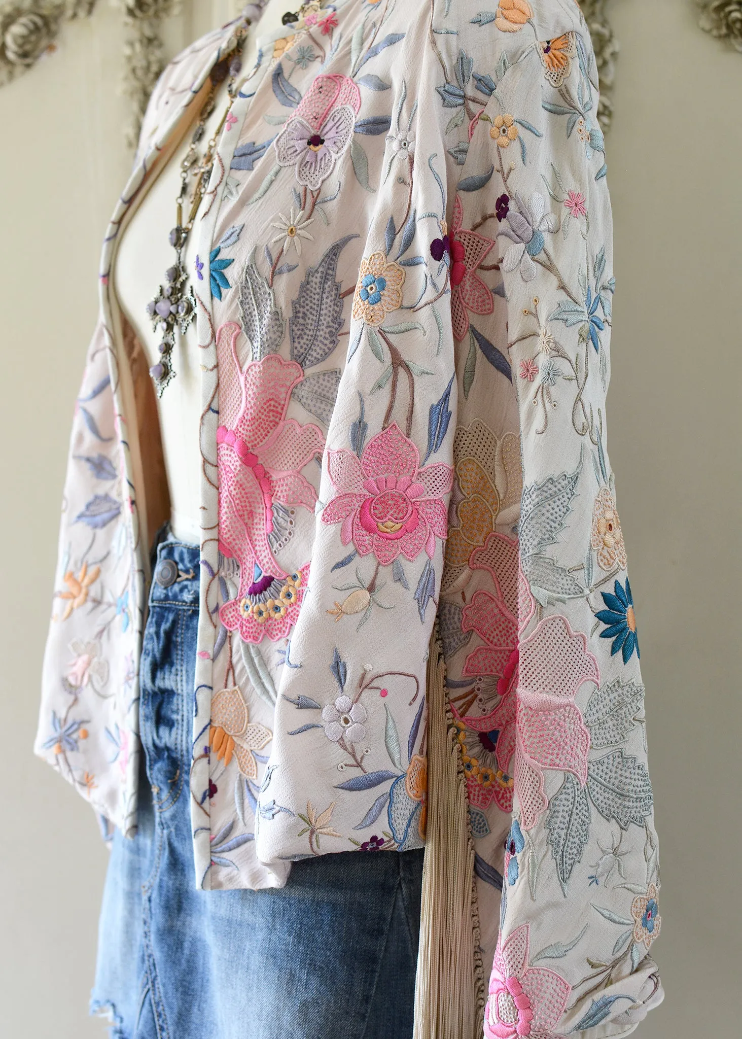 Callie Opulent Hand Embroidered Antique Silk Crepe Fringe Jacket
