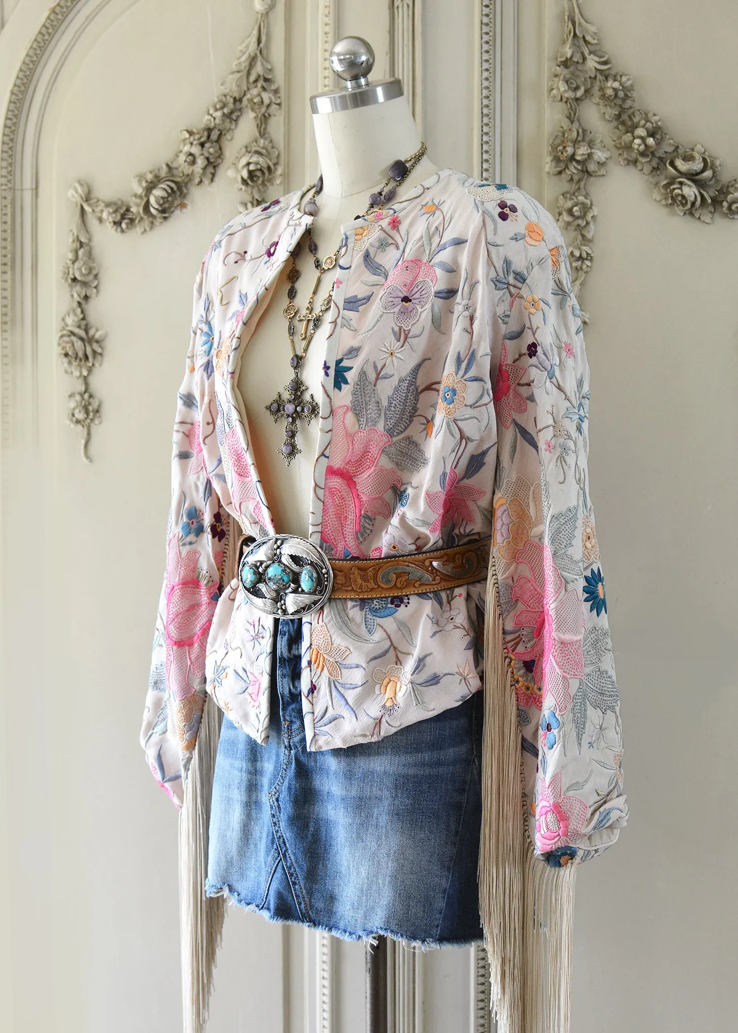Callie Opulent Hand Embroidered Antique Silk Crepe Fringe Jacket