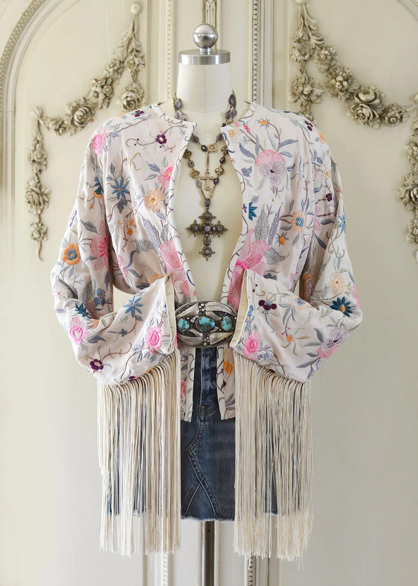 Callie Opulent Hand Embroidered Antique Silk Crepe Fringe Jacket