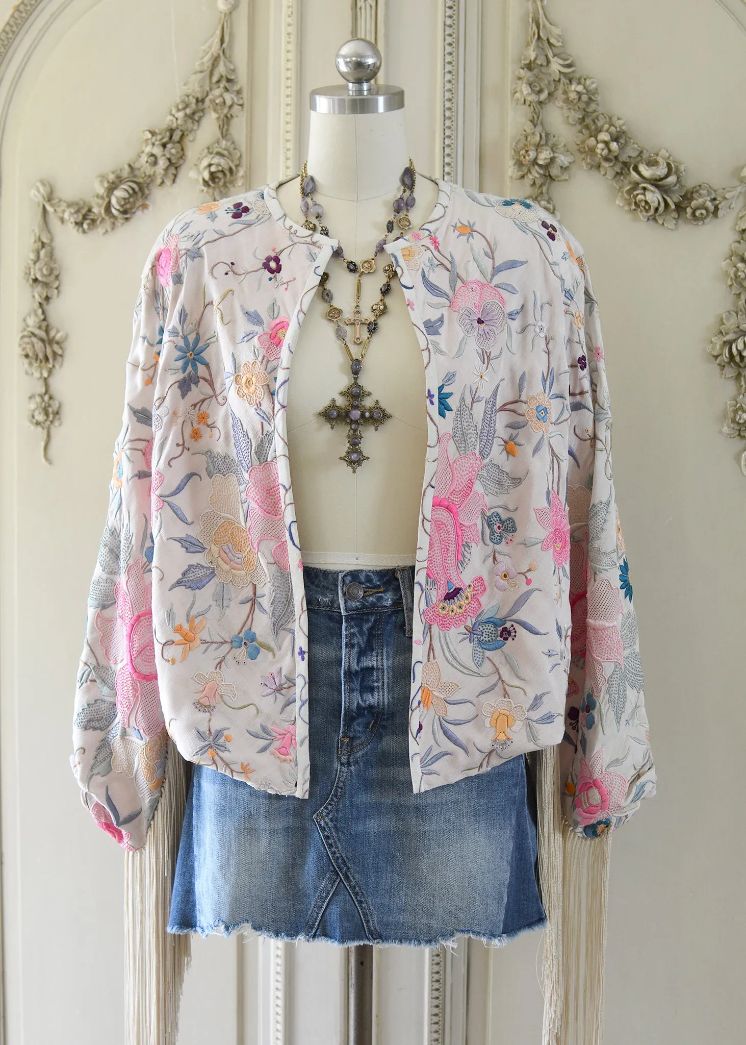 Callie Opulent Hand Embroidered Antique Silk Crepe Fringe Jacket