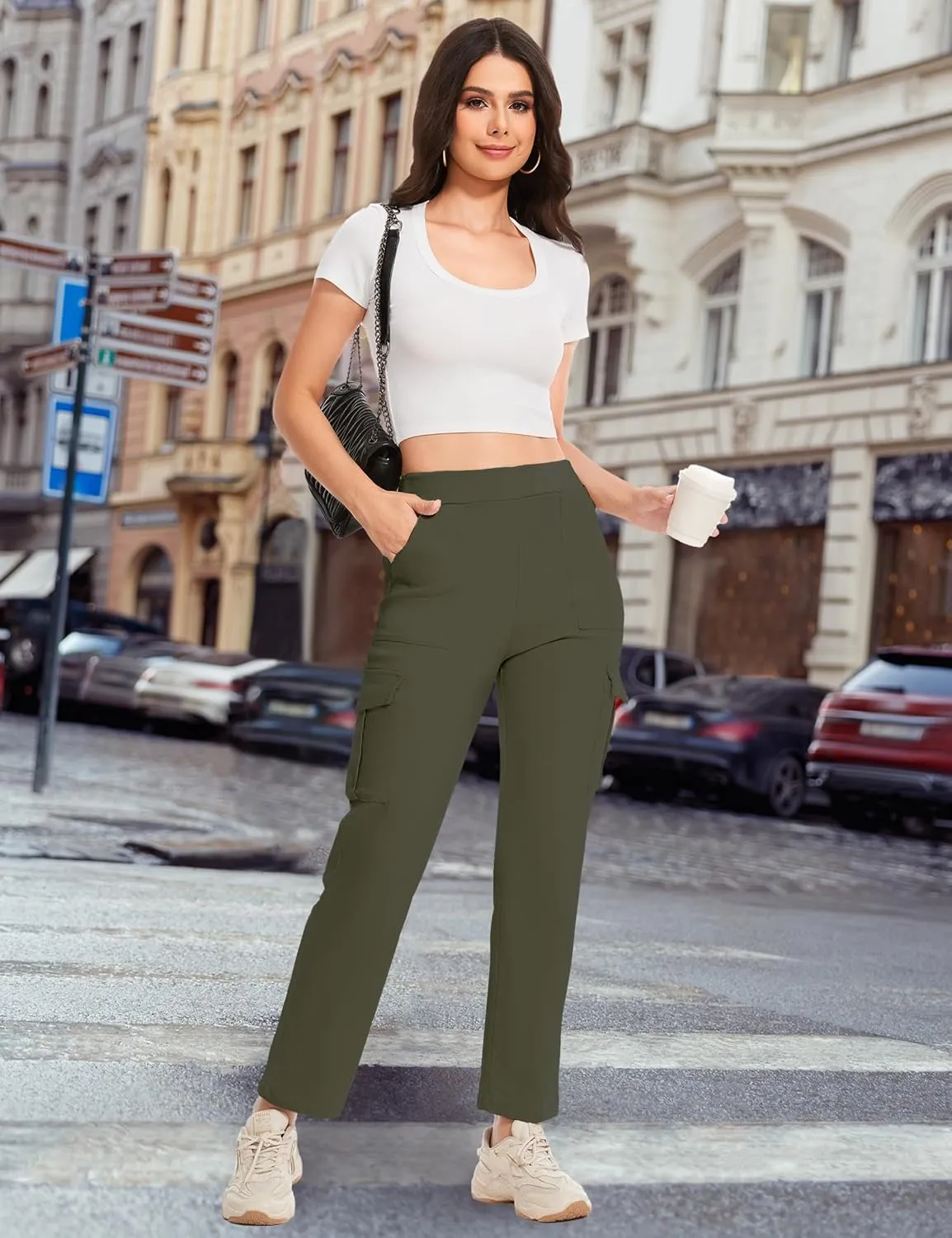 Cargo Pants for Women High Waisted Stretchy Pull On Pants with Pockets