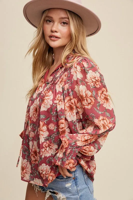 Casey Long Sleeve Floral Print Top Magenta