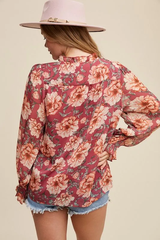 Casey Long Sleeve Floral Print Top Magenta