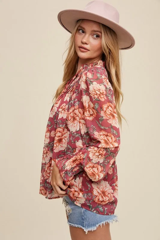 Casey Long Sleeve Floral Print Top Magenta