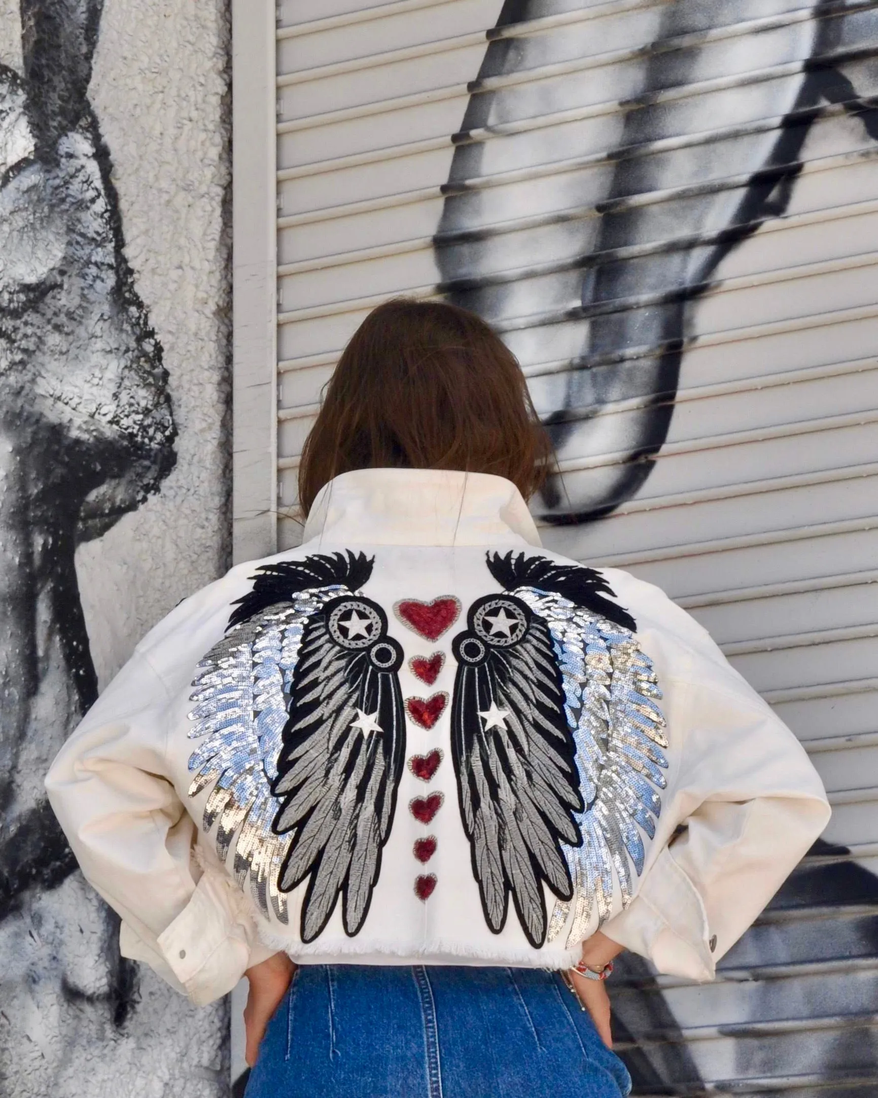 Chakras white cropped Denim Jacket oversized short fit