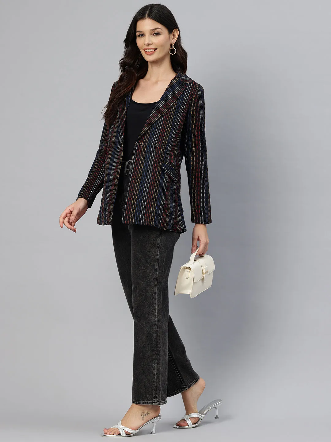 Cottinfab Striped Double-Breasted Pure Cotton Semiformal Blazer