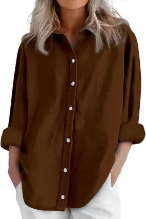 Cotton Line Shirts for Women Long Sleeve Lapel Button Down Tops Summer Loose Causal Sun Shirts Light Workout Outfits