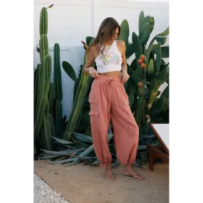 Crinkle Gauze Cargo 2-In-1 Drawstring Tie Hem Jogger - Coral