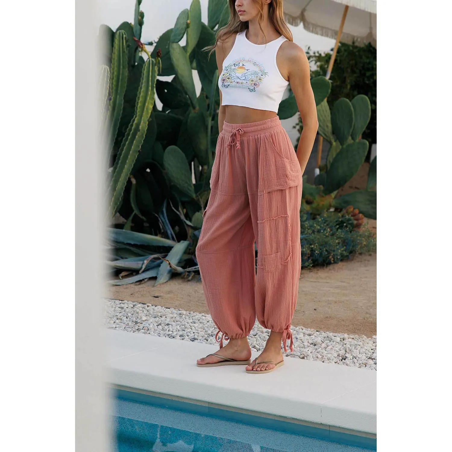 Crinkle Gauze Cargo 2-In-1 Drawstring Tie Hem Jogger - Coral