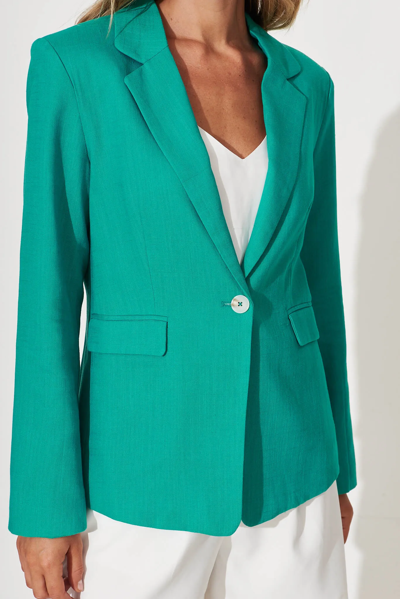 Deborah Blazer In Aqua Linen Blend