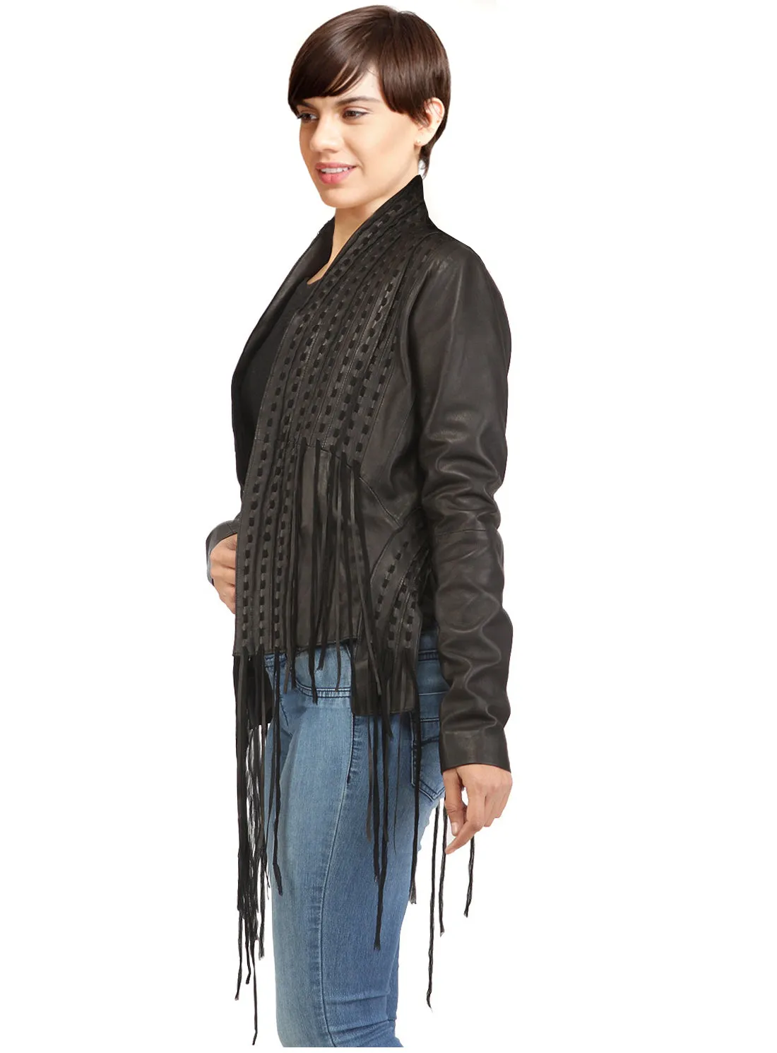 Designer Women Hand Woven Fringed Leather Jacket
