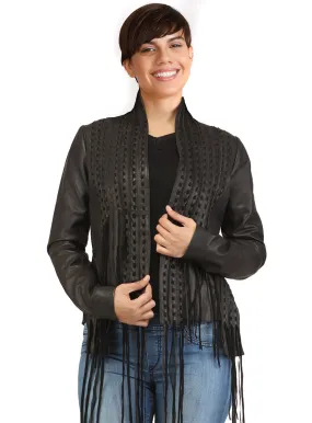Designer Women Hand Woven Fringed Leather Jacket