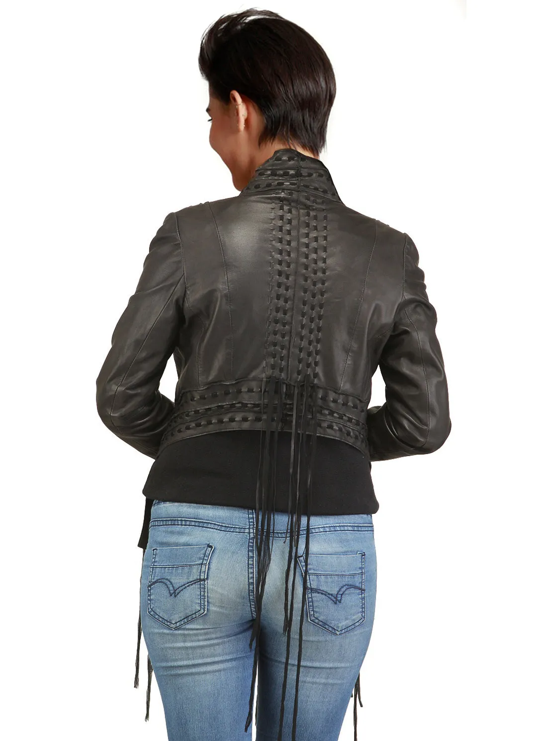 Designer Women Hand Woven Fringed Leather Jacket