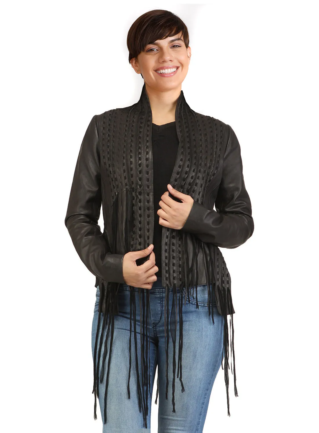 Designer Women Hand Woven Fringed Leather Jacket