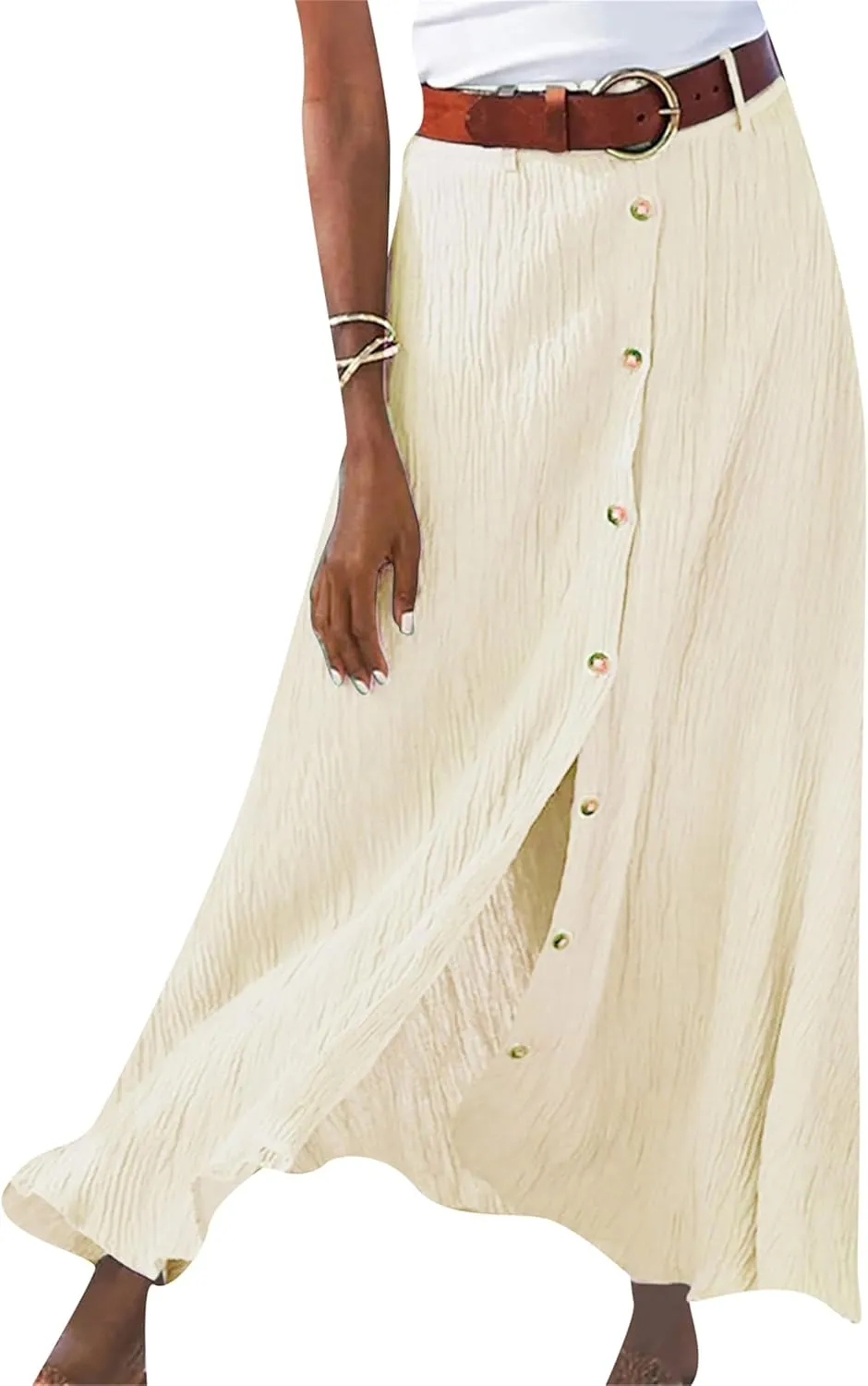 DIACACY Flowy Skirts for Women High Waist Maxi Cotton Linen Skirt Fashion Trendy Button Front Skirt with Belt