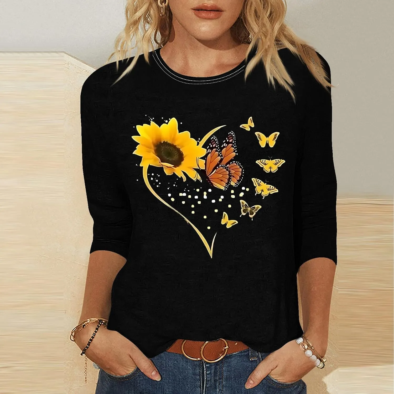 Fashion Women Tops Butterfly Floral Print 3/4 Sleeve Tshirt Casual Crew Neck Blouse Cute Summer Loose Fit Tunic