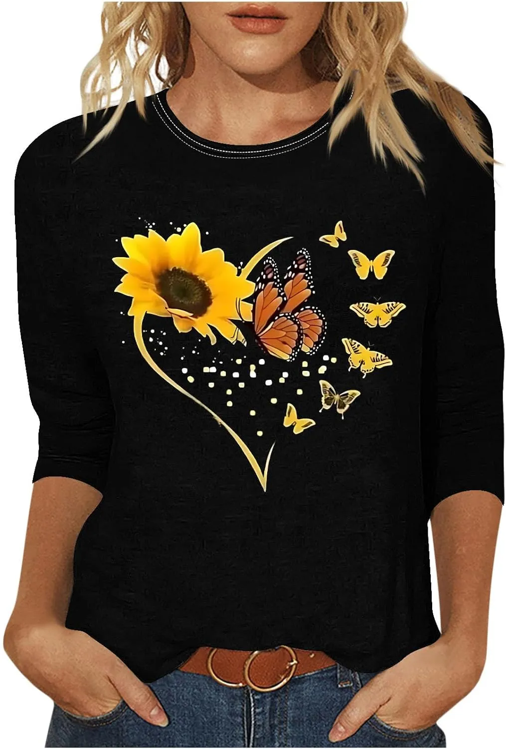 Fashion Women Tops Butterfly Floral Print 3/4 Sleeve Tshirt Casual Crew Neck Blouse Cute Summer Loose Fit Tunic