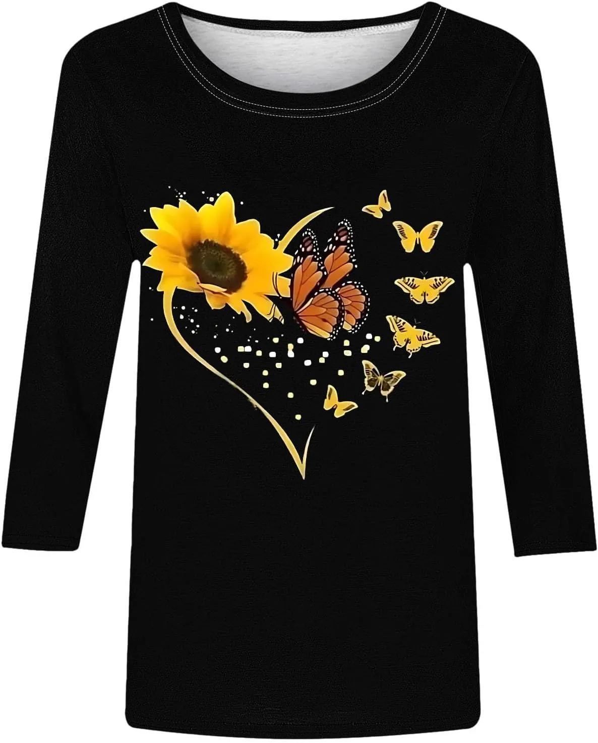 Fashion Women Tops Butterfly Floral Print 3/4 Sleeve Tshirt Casual Crew Neck Blouse Cute Summer Loose Fit Tunic