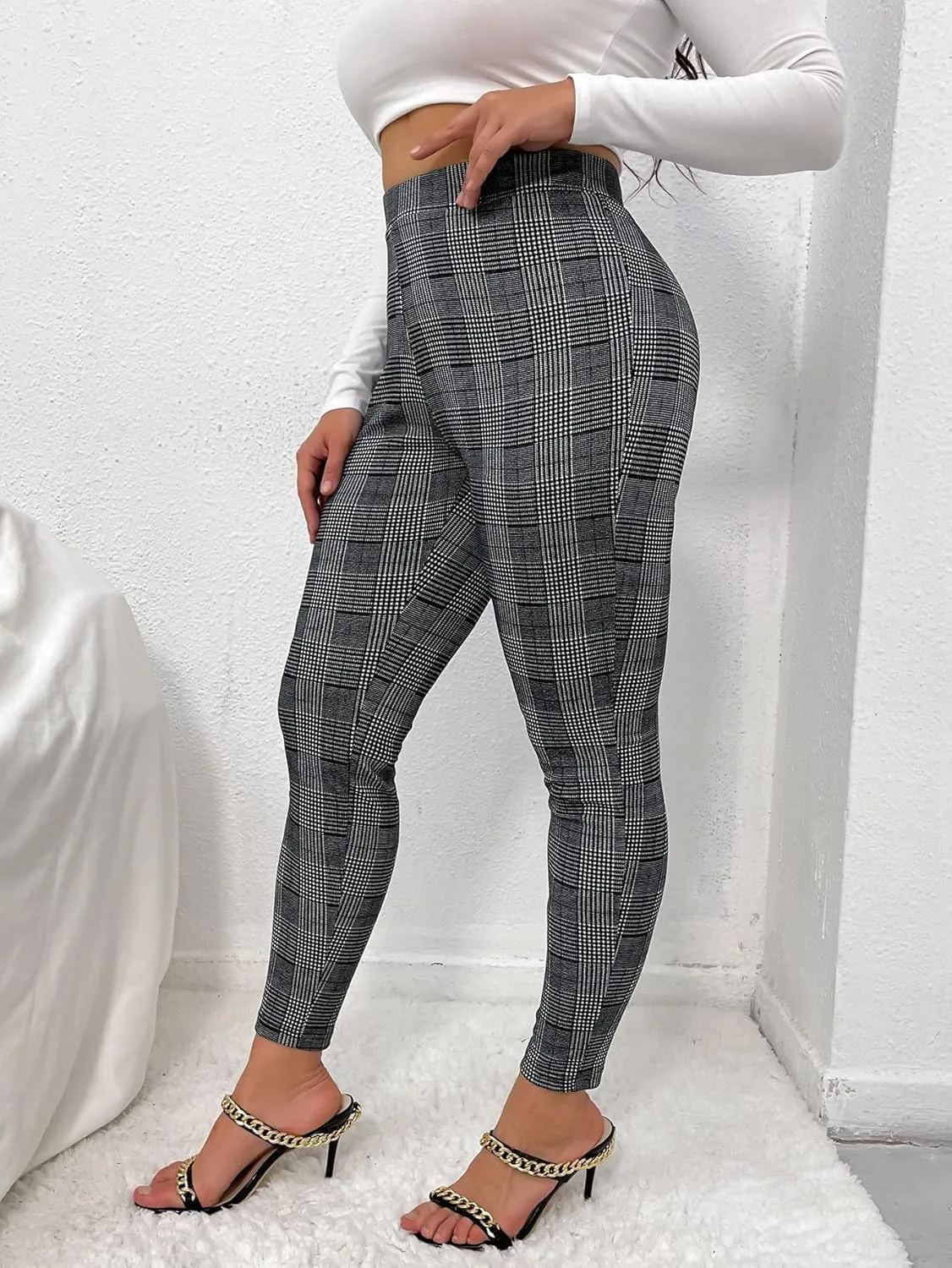 Floerns Women's Plus Size Plaid Pants Leggings Stretchy Elastic Waist Work Skinny Pants