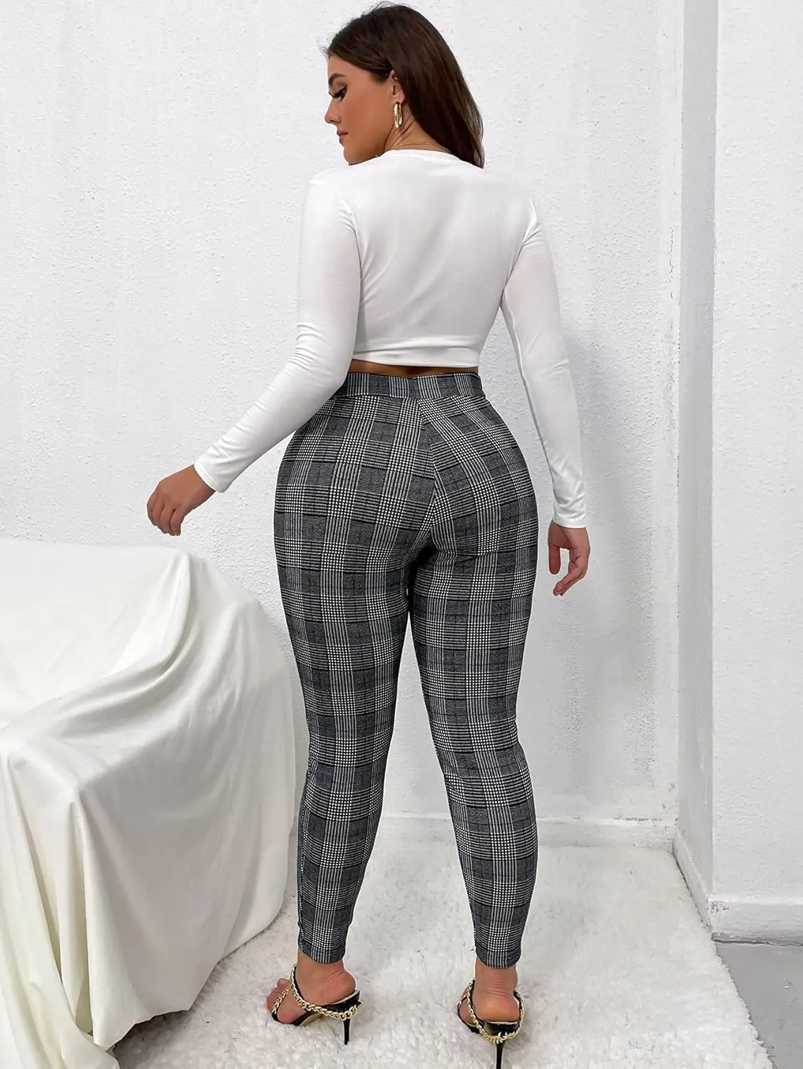 Floerns Women's Plus Size Plaid Pants Leggings Stretchy Elastic Waist Work Skinny Pants