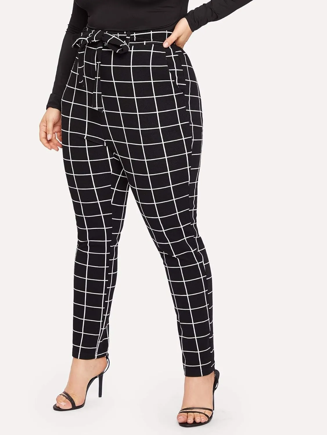 Floerns Women's Plus Size Plaid Pants Leggings Stretchy Elastic Waist Work Skinny Pants
