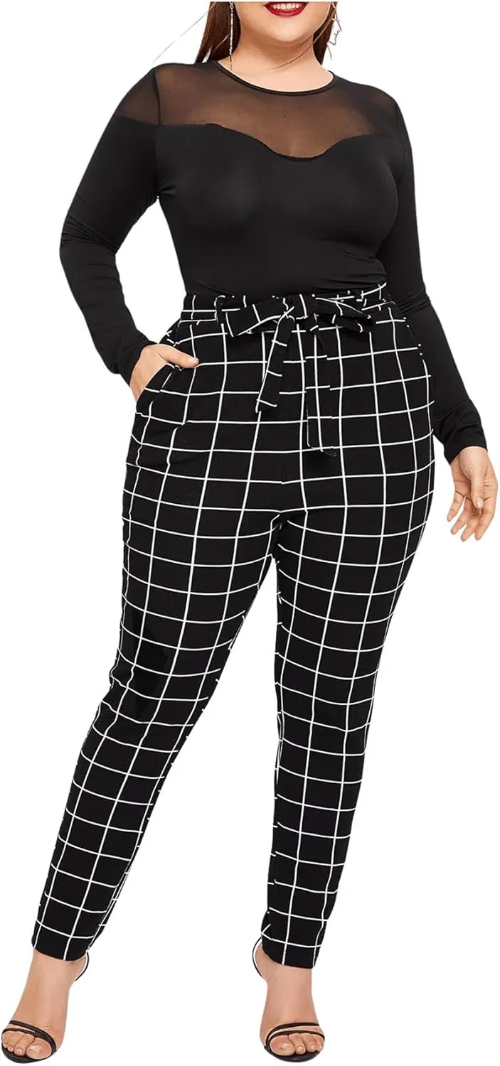 Floerns Women's Plus Size Plaid Pants Leggings Stretchy Elastic Waist Work Skinny Pants