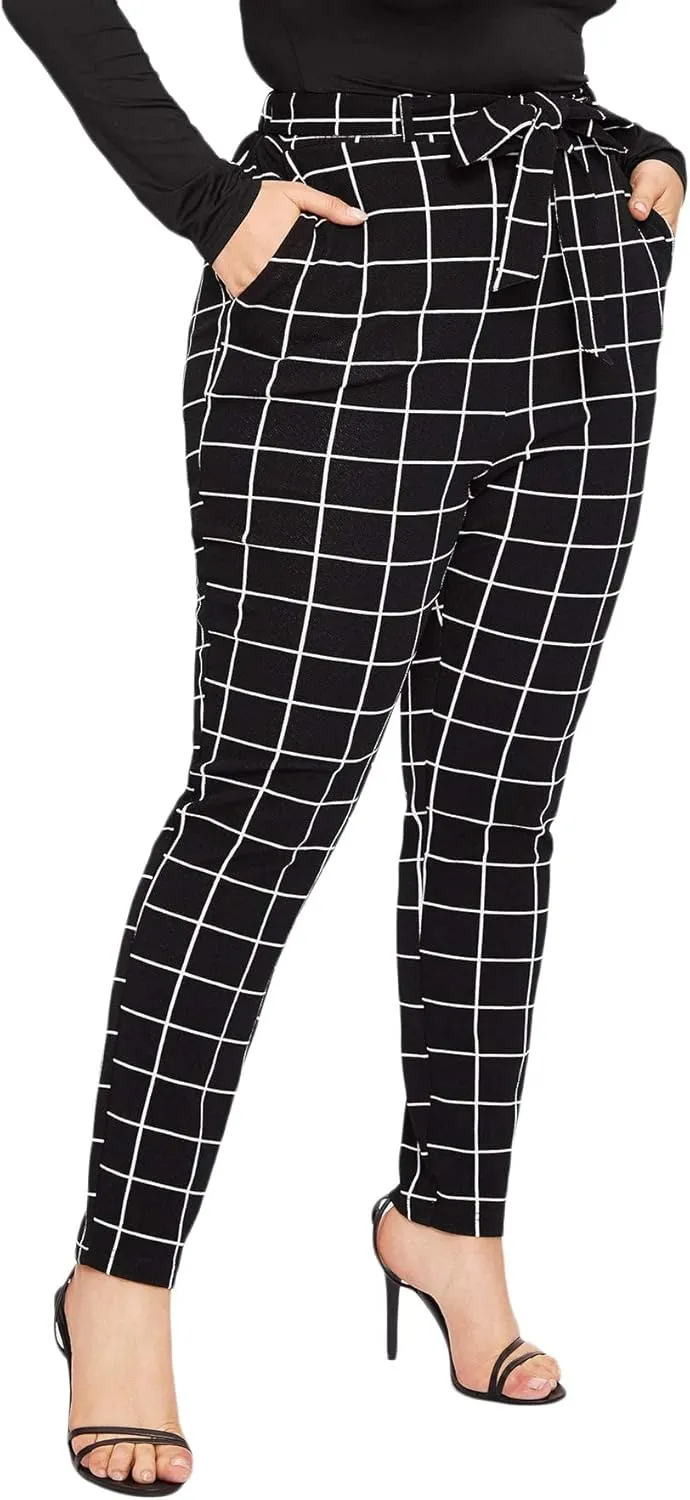 Floerns Women's Plus Size Plaid Pants Leggings Stretchy Elastic Waist Work Skinny Pants