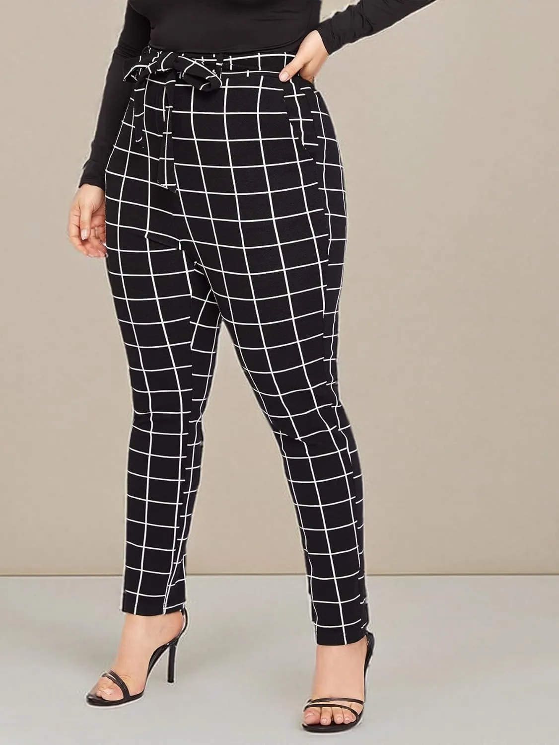 Floerns Women's Plus Size Plaid Pants Leggings Stretchy Elastic Waist Work Skinny Pants