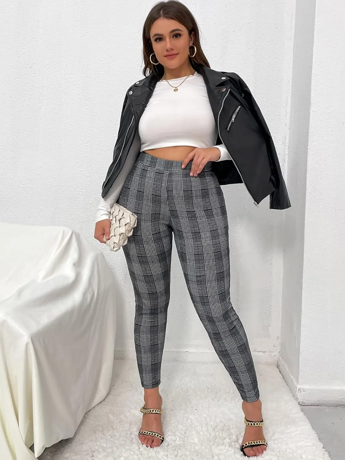 Floerns Women's Plus Size Plaid Pants Leggings Stretchy Elastic Waist Work Skinny Pants