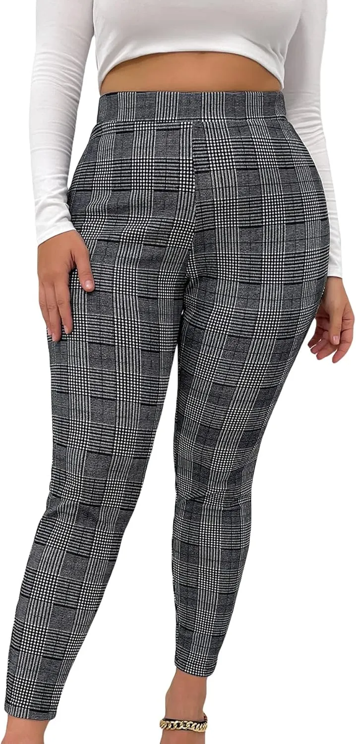 Floerns Women's Plus Size Plaid Pants Leggings Stretchy Elastic Waist Work Skinny Pants