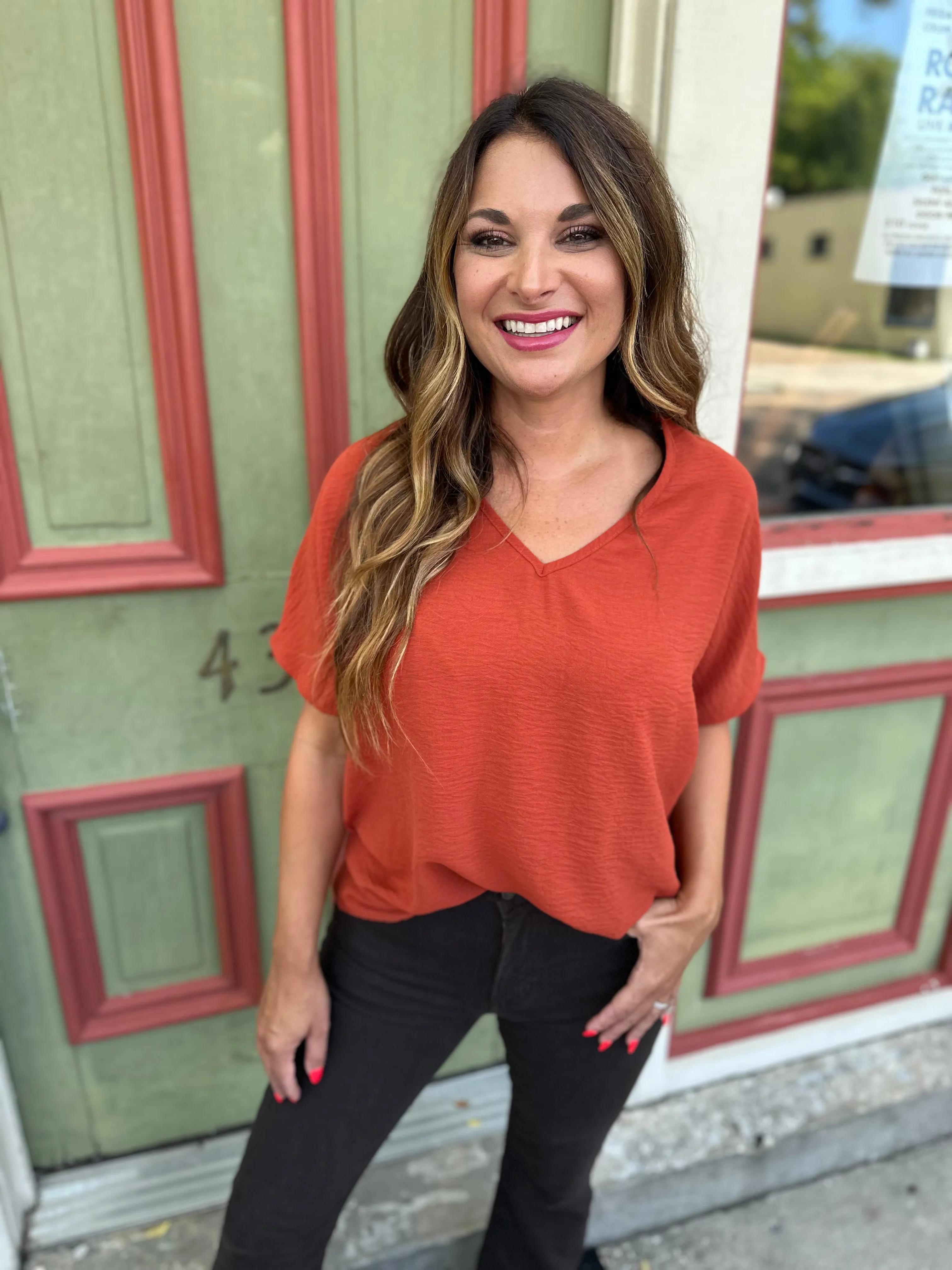 Flowy V Blouse- Rust