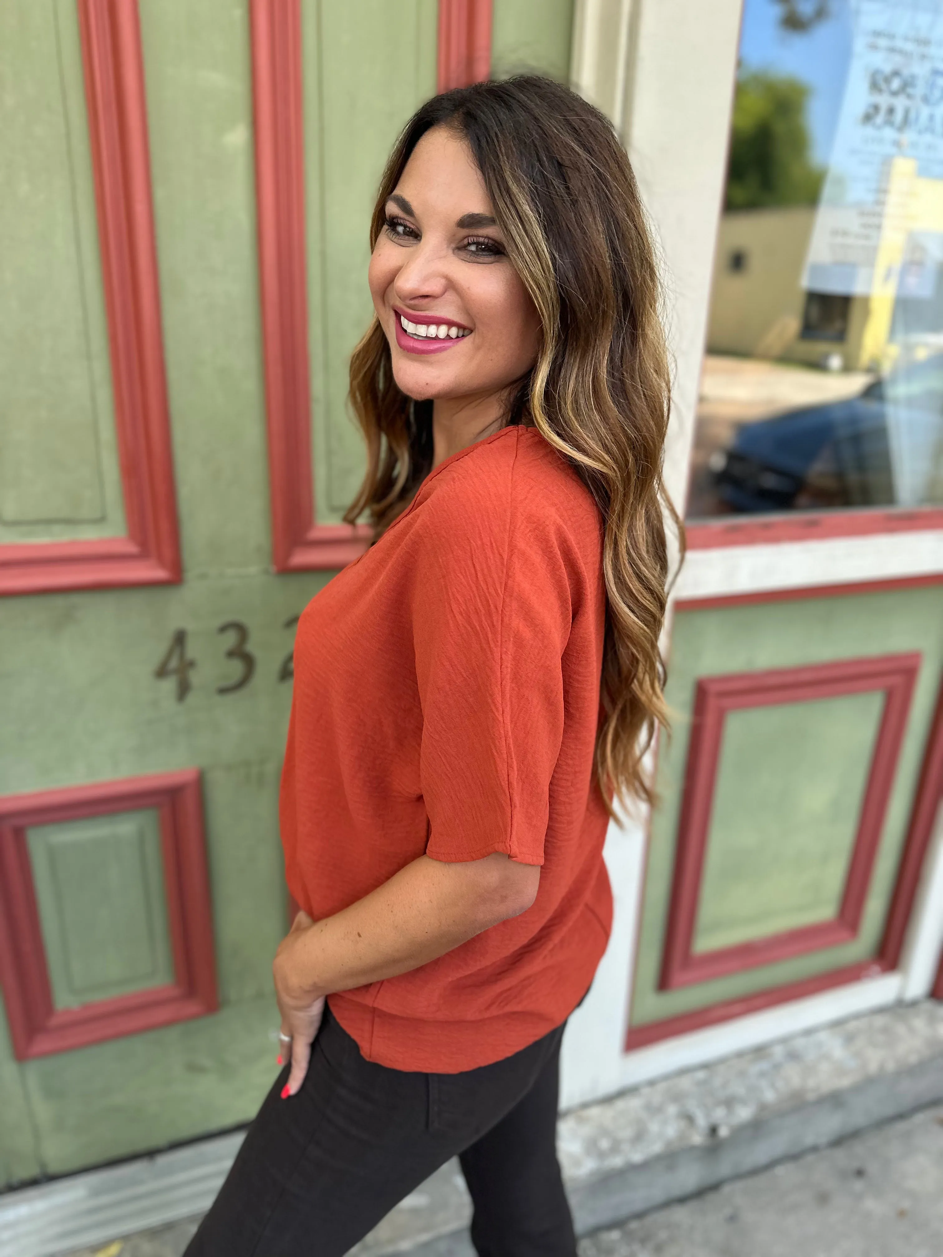 Flowy V Blouse- Rust