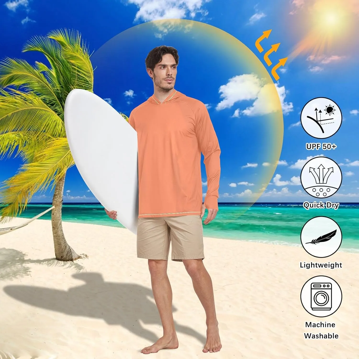 GAIGEO Light UPF Shirt Men, Breathable Summer Long Sleeve Shirts for Men, Moisture Wicking Beach Shirts, Coral S