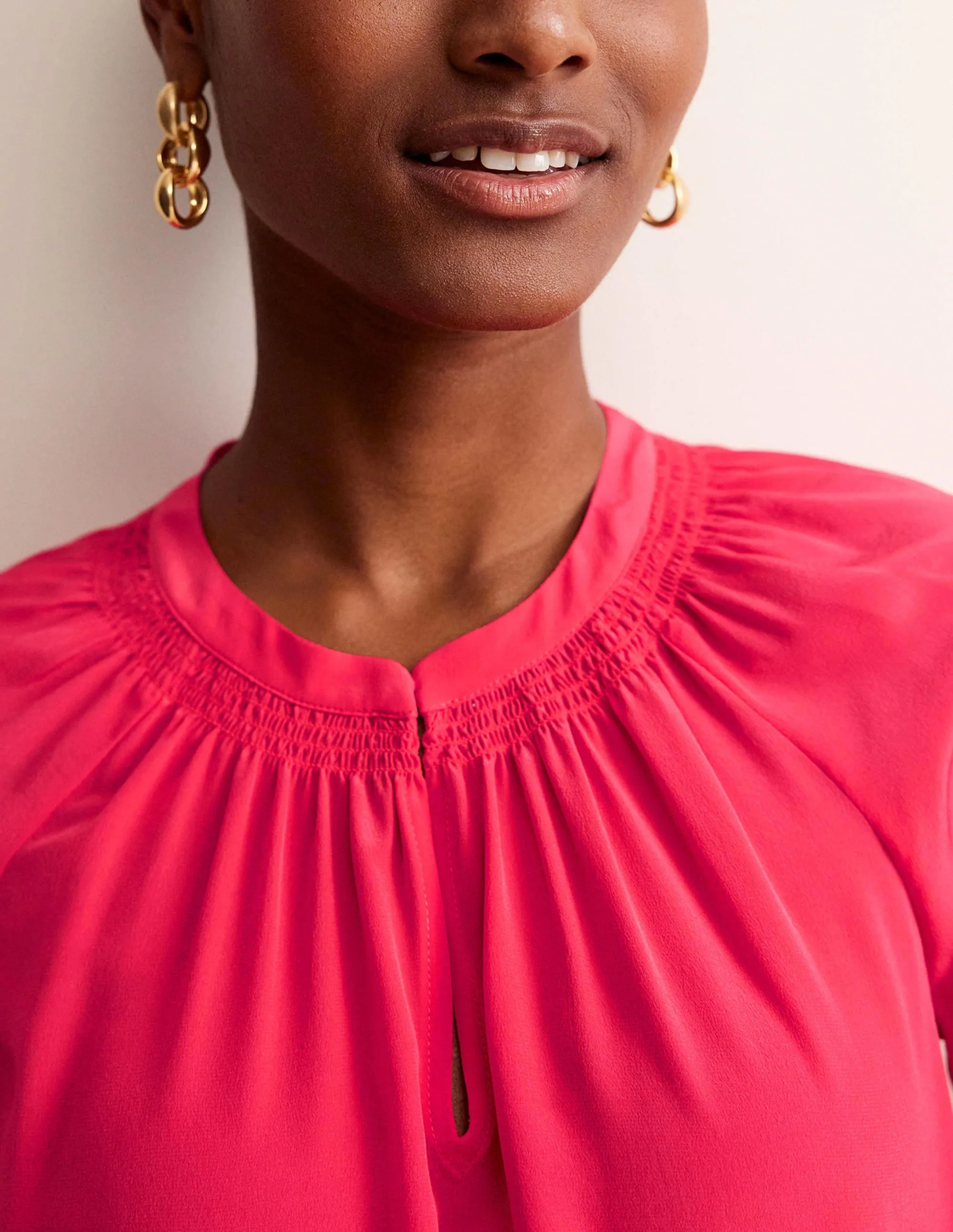 Gathered Neck Silk Blouse-Pop Peony