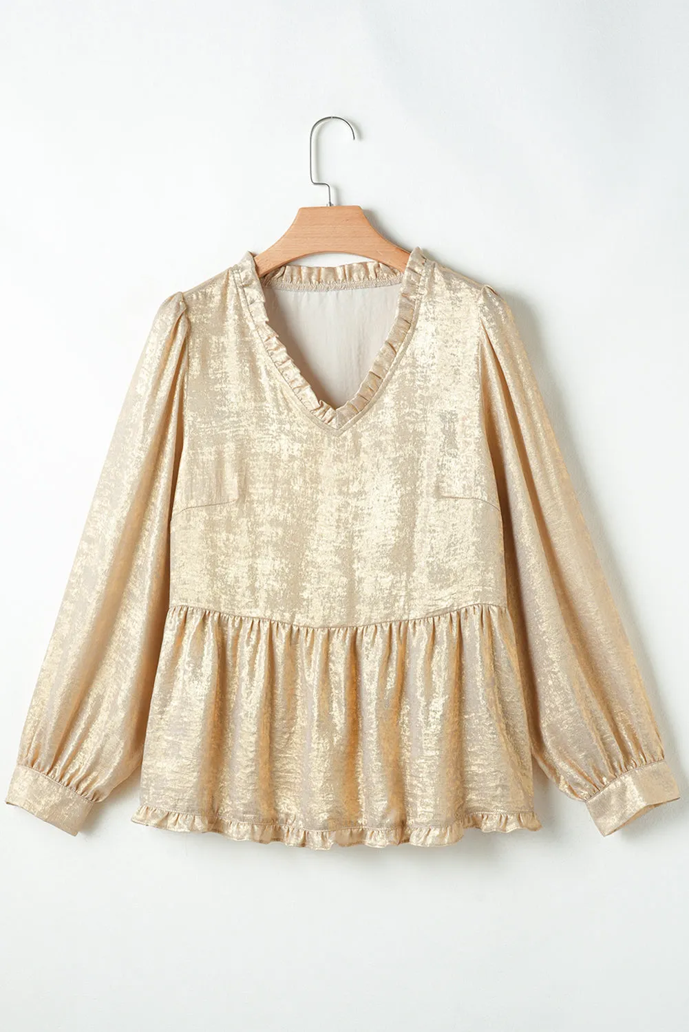 Gold Metallic Velvet Frill V Neck Puff Sleeve Babydoll Blouse