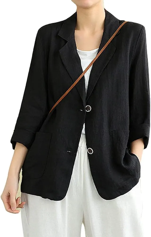 IDEALSANXUN Cotton Linen Blazer for Womens Long Sleeve Loose Casual Blazer Jackets