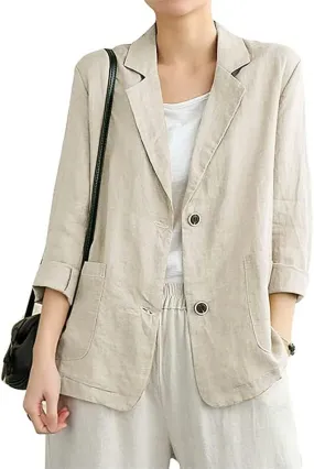 IDEALSANXUN Cotton Linen Blazer for Womens Long Sleeve Loose Casual Blazer Jackets