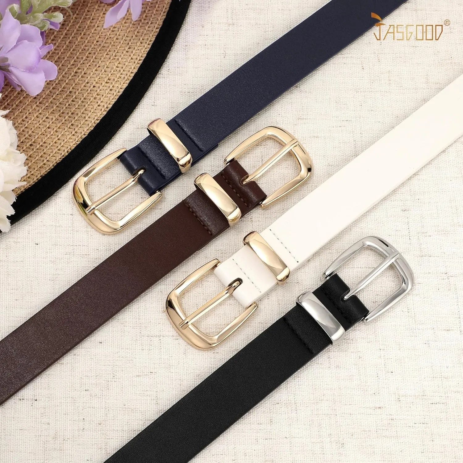 JASGOOD Women's Fashion Leather Belt Ladies Gold Buckle Leather Belt for Jeans Pants Dresses