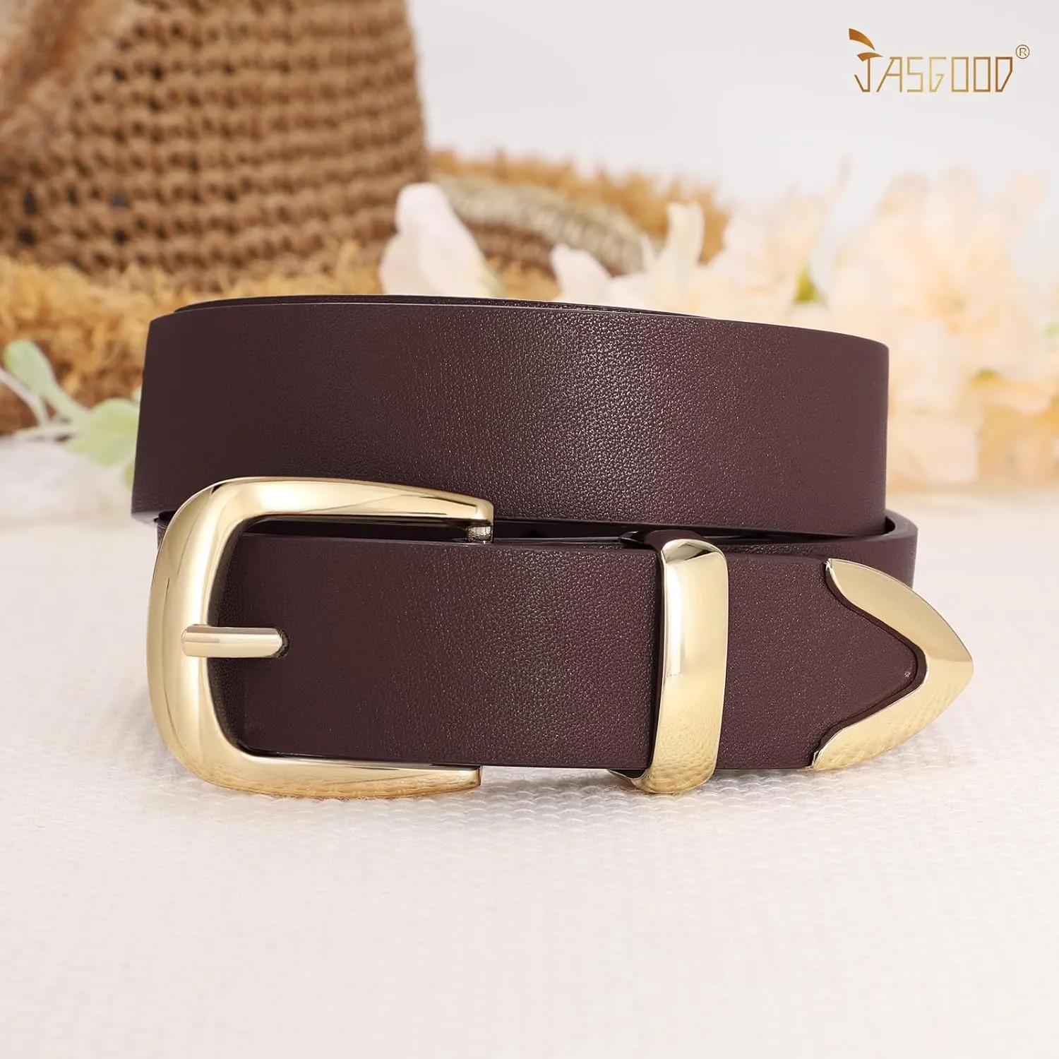 JASGOOD Women's Fashion Leather Belt Ladies Gold Buckle Leather Belt for Jeans Pants Dresses