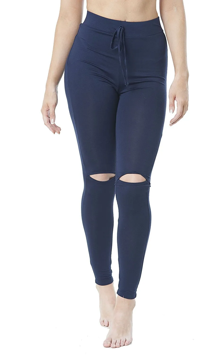 Khanomak Drawstring Spandex Stretchy Fitted Long Pants With Knee Slits Leggings