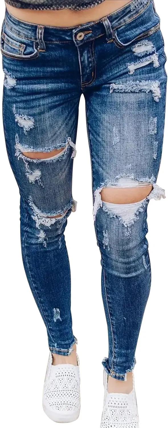 KUNMI Women's Skinny Ripped Trendy Jeans Distressed Stretchy Denim Pants