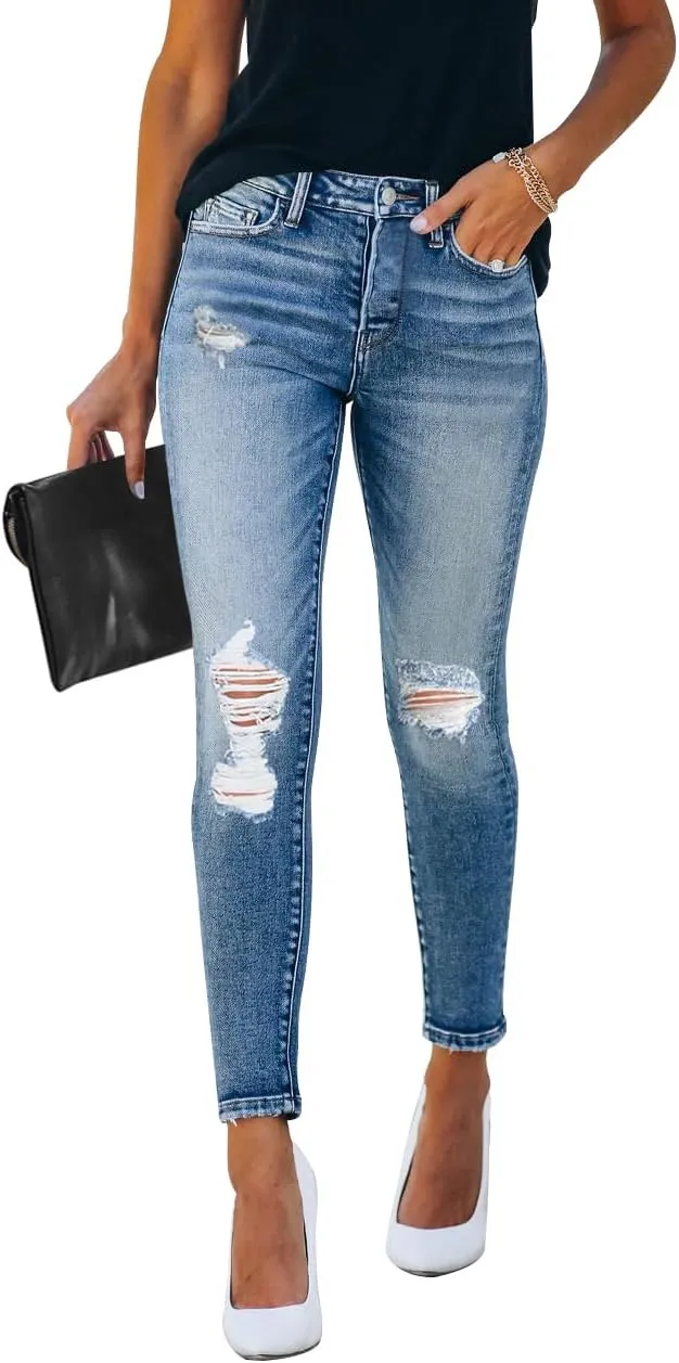 KUNMI Women's Skinny Ripped Trendy Jeans Distressed Stretchy Denim Pants