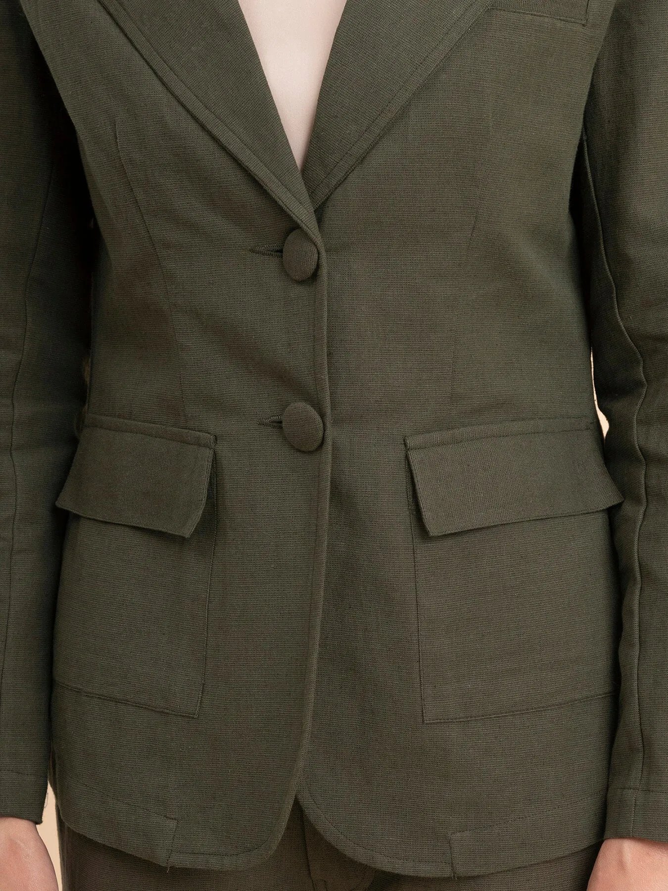 Linen Notch Lapel Collar Blazer - Olive Green